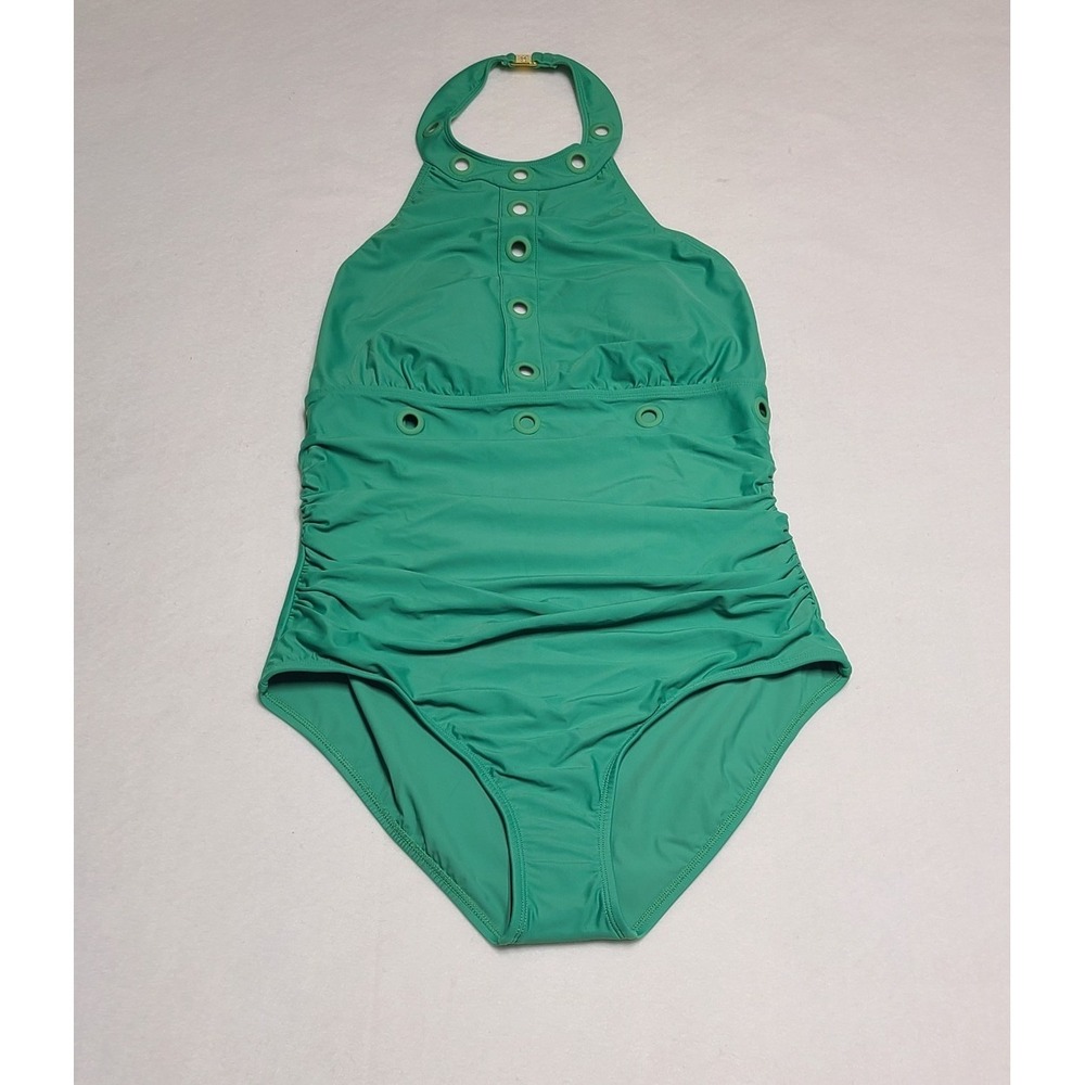 Beyond Control Hunter Green Grommet Halter One Piece Swimsuit Size 14